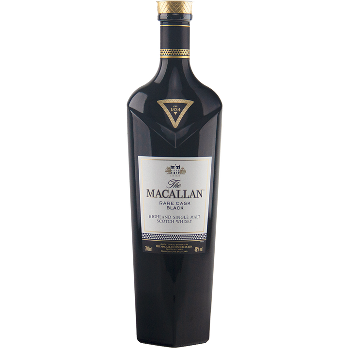 A dark glass bottle of The Macallan Rare Cask Black Single Malt Scotch Whisky, featuring a gold and white label, gold-bordered cap, and triangular neck emblem, is displayed against a plain white background.