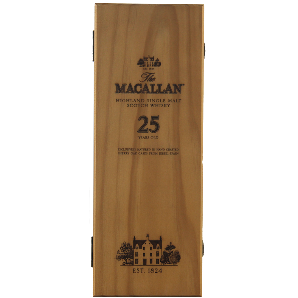 A wooden box displays The Macallan 25 Year Old Sherry Oak Single Malt Scotch Whisky (Pre-2018) logo, Highland Single Malt Scotch Whisky text, a house illustration, EST. 1824, and highlights sherry oak cask maturation from Jerez, Spain.