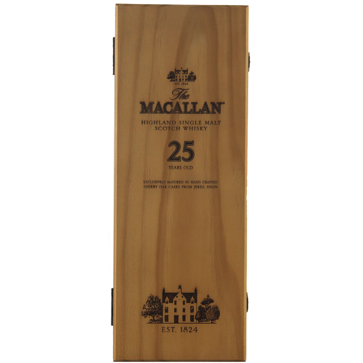 A wooden box displays The Macallan 25 Year Old Sherry Oak Single Malt Scotch Whisky (Pre-2018) logo, Highland Single Malt Scotch Whisky text, a house illustration, EST. 1824, and highlights sherry oak cask maturation from Jerez, Spain.