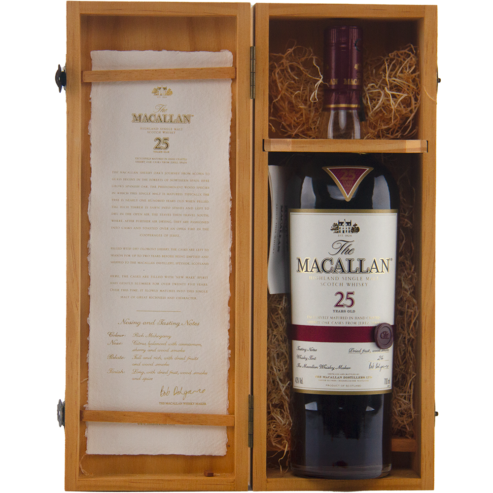 A bottle of The Macallan 25 Year Old Sherry Oak Single Malt Scotch Whisky (Pre-2018) rests in a wooden box with straw, featuring tasting notes on its rich sherry oak cask character inside the lid.