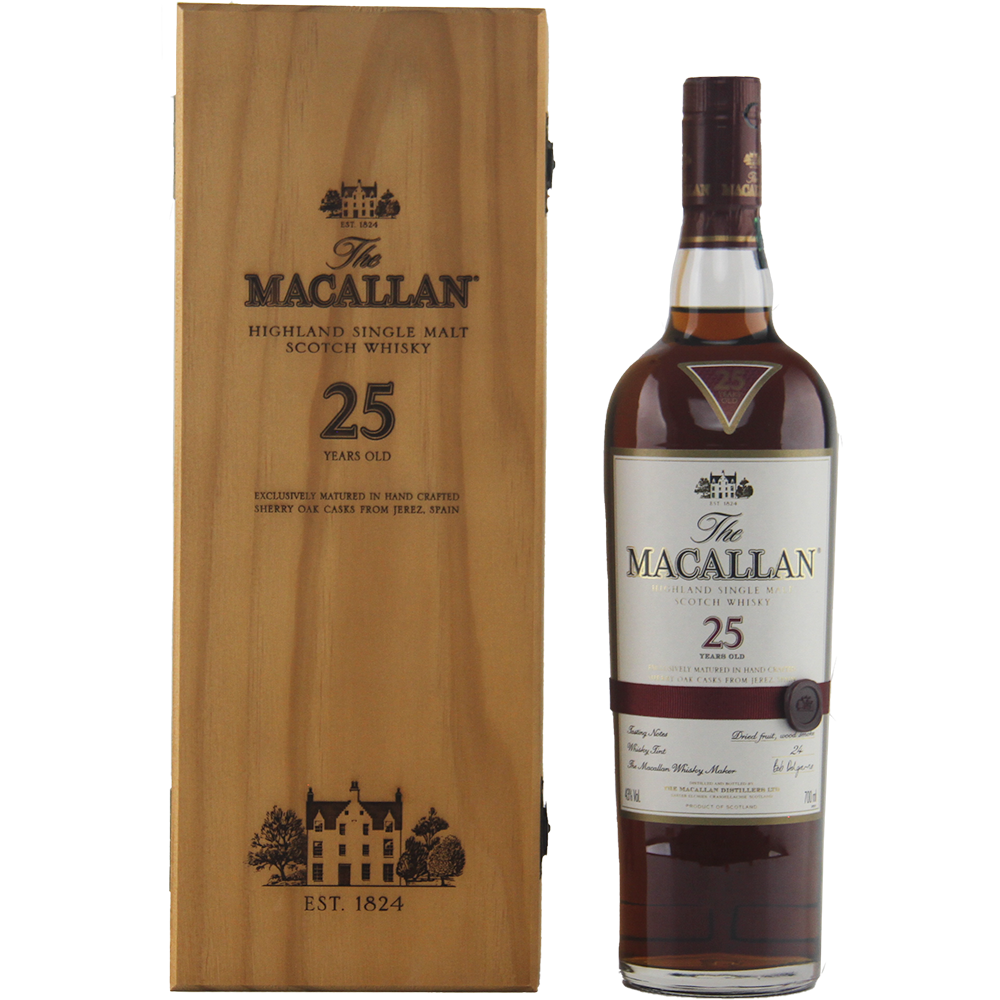 A bottle of The Macallan 25 Year Old Sherry Oak Single Malt Scotch Whisky (Pre-2018) stands beside its wooden box, both featuring the brand and age, emphasizing its sherry oak cask maturation.