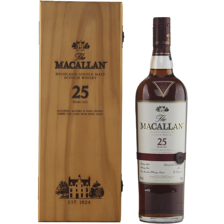 A bottle of The Macallan 25 Year Old Sherry Oak Single Malt Scotch Whisky (Pre-2018) stands beside its wooden box, both featuring the brand and age, emphasizing its sherry oak cask maturation.