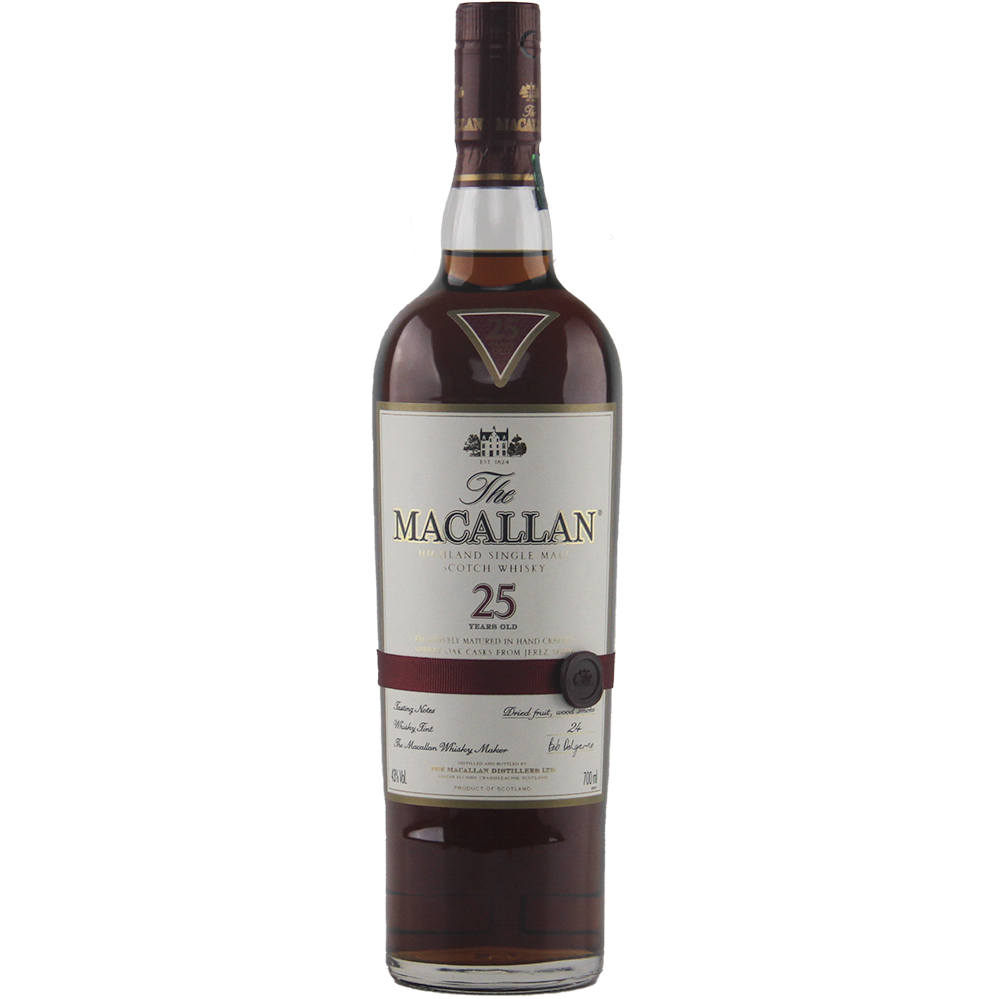 A bottle of The Macallan 25 Year Old Sherry Oak Single Malt Scotch Whisky (Pre-2018), with dark brown liquid, a white and gold label, and maroon cap, stands upright against a plain white background.