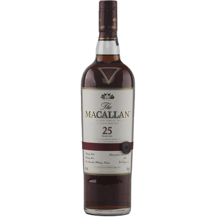 A bottle of The Macallan 25 Year Old Sherry Oak Single Malt Scotch Whisky (Pre-2018), with dark brown liquid, a white and gold label, and maroon cap, stands upright against a plain white background.