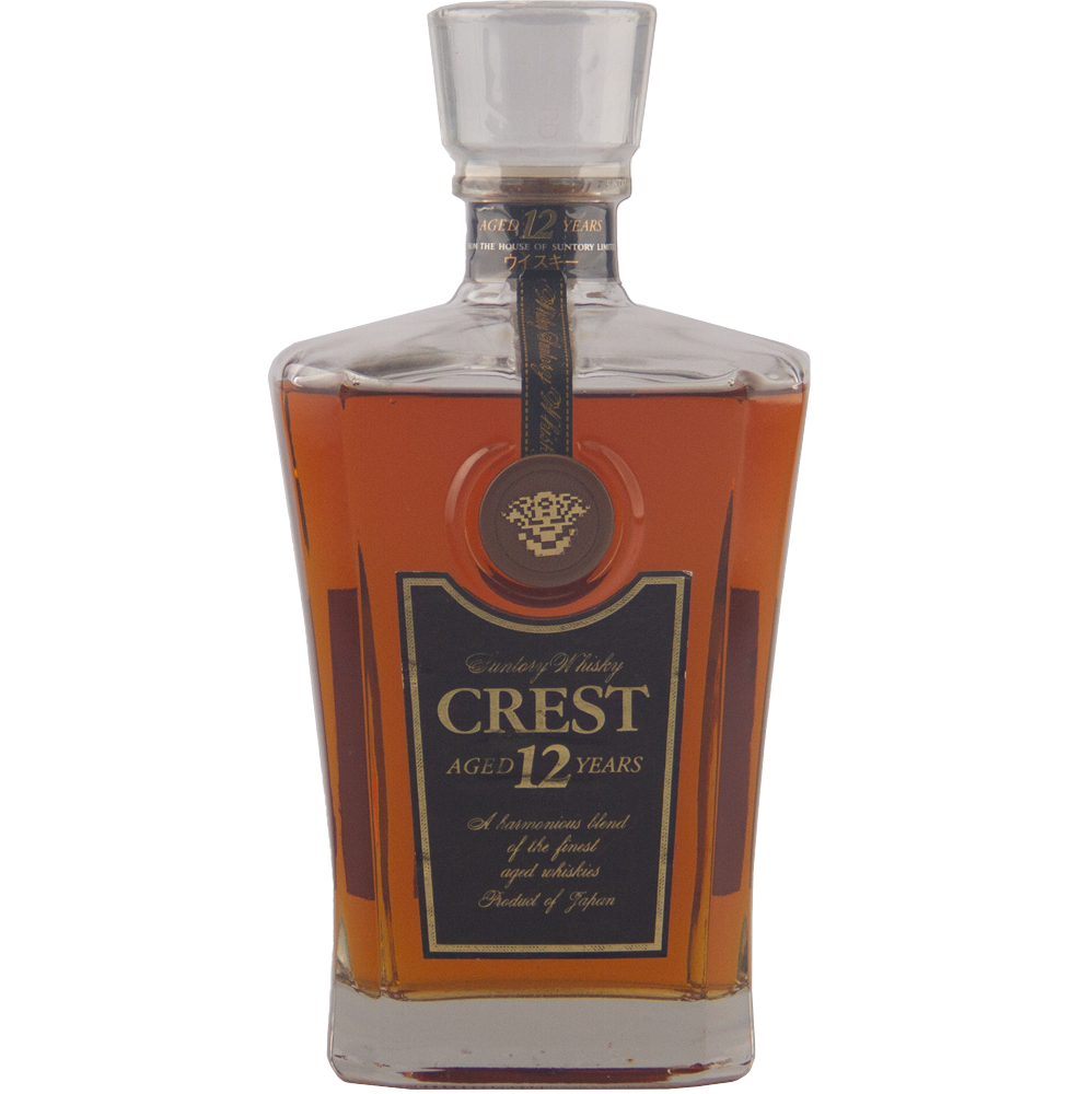 Bottle of Crest Aged 12 Years whiskey on a white background