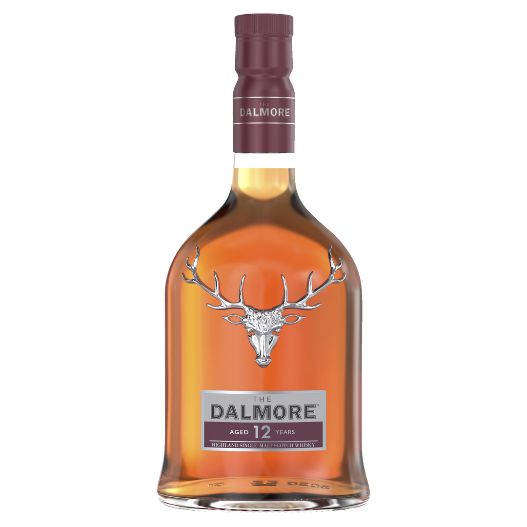 A bottle of The Dalmore 12 Year Old Single Malt Scotch Whisky, with a silver stag logo and maroon cap, filled with amber sherry cask whisky, is displayed against a plain white background.