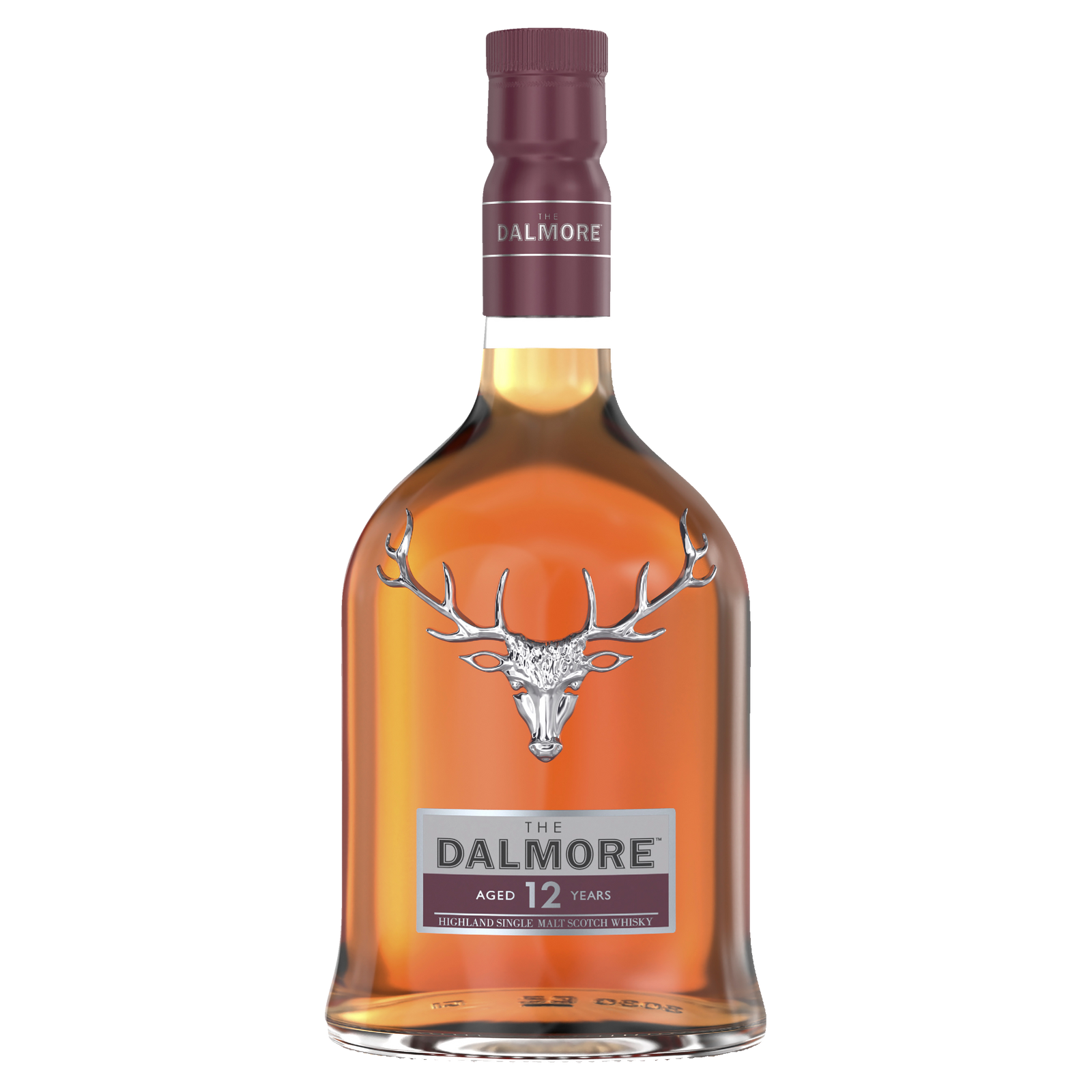 A bottle of The Dalmore 12 Year Old Single Malt Scotch Whisky, with a silver stag logo and maroon cap, filled with amber sherry cask whisky, is displayed against a plain white background.