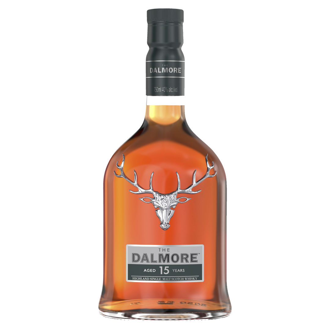 A bottle of The Dalmore 15 Year Old 2007 Vintage Single Malt Scotch Whisky, featuring a silver stag emblem and black label on clear glass showcasing its amber liquid.