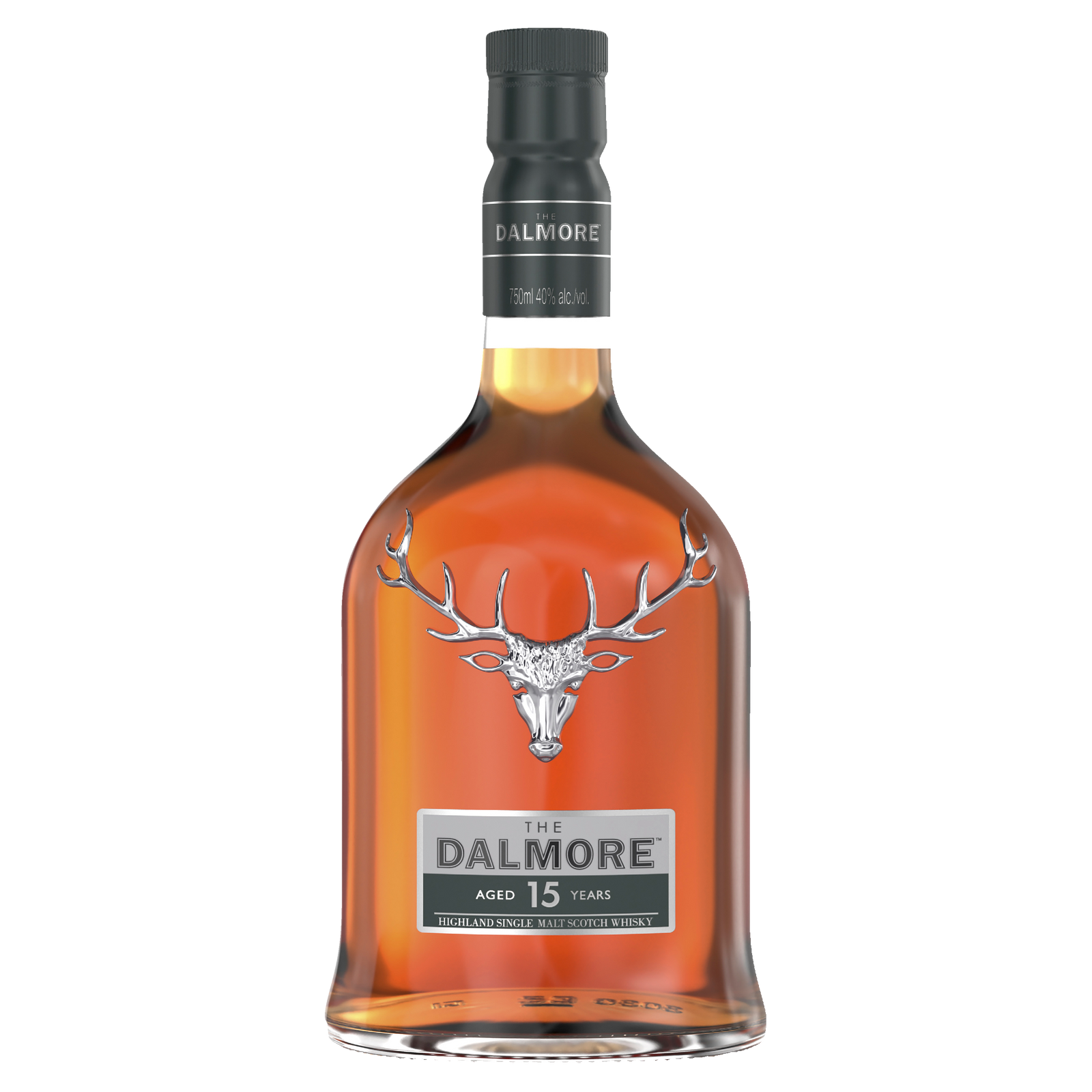 A bottle of The Dalmore 15 Year Old 2007 Vintage Single Malt Scotch Whisky, featuring a silver stag emblem and black label on clear glass showcasing its amber liquid.