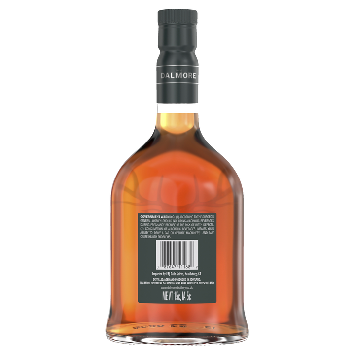 A back view of The Dalmore 15 Year Old 2007 Vintage Single Malt Scotch Whisky shows its barcode, government warning label, and product details. The bottle has a black cap and contains amber-colored vintage whisky.