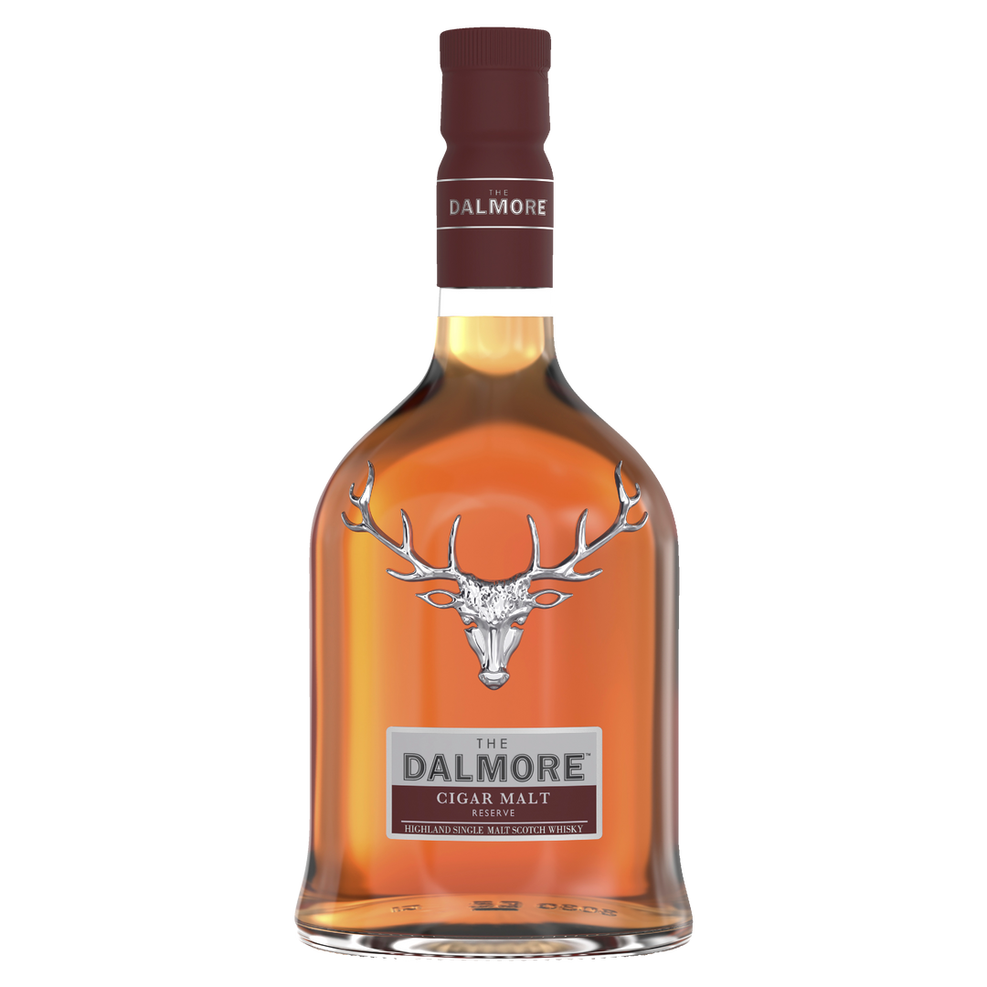 A bottle of The Dalmore Cigar Malt Reserve Single Malt Scotch Whisky with amber liquid, a silver stag emblem, and maroon cap is displayed on a white background—ideal for enjoying with a cigar.