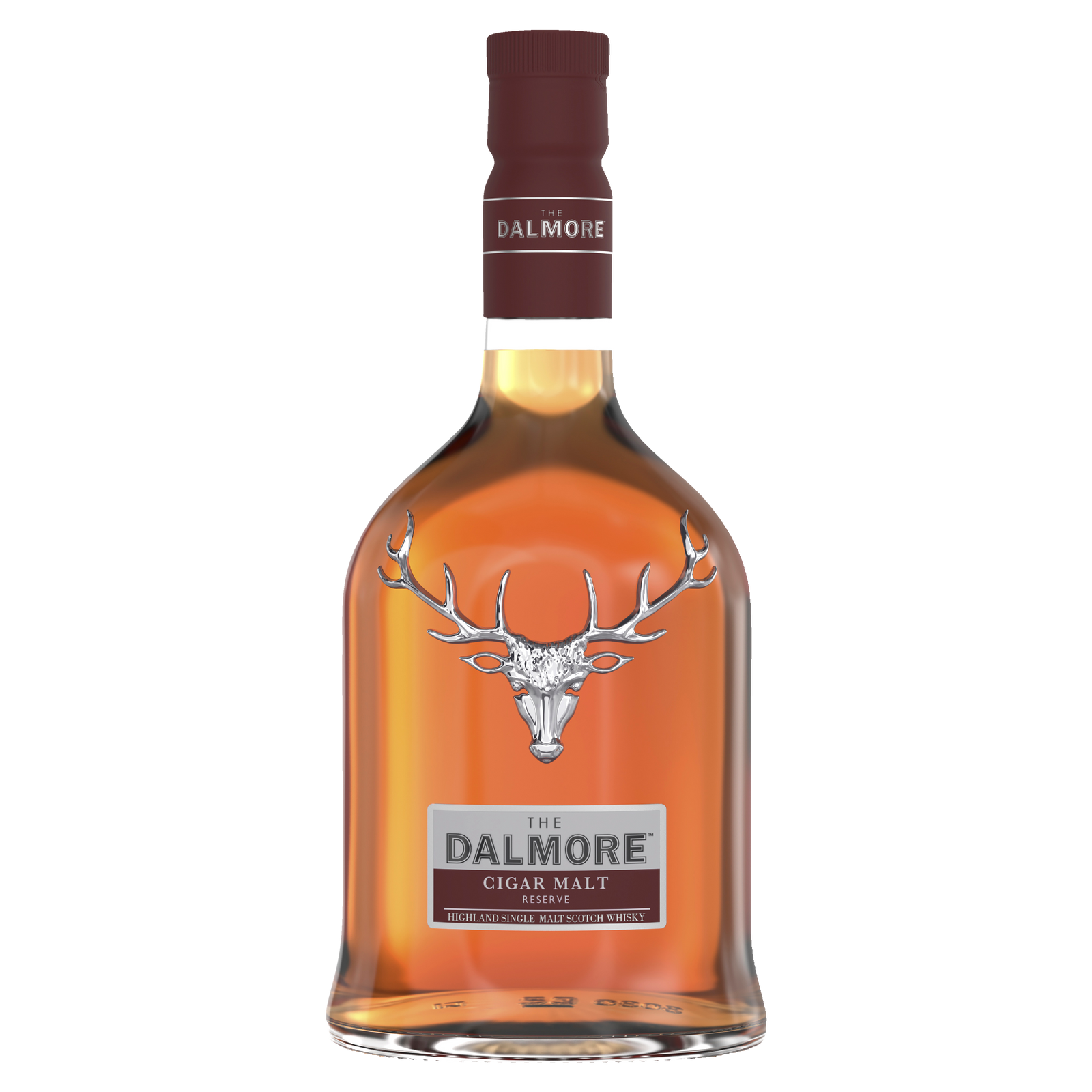 A bottle of The Dalmore Cigar Malt Reserve Single Malt Scotch Whisky with amber liquid, a silver stag emblem, and maroon cap is displayed on a white background—ideal for enjoying with a cigar.