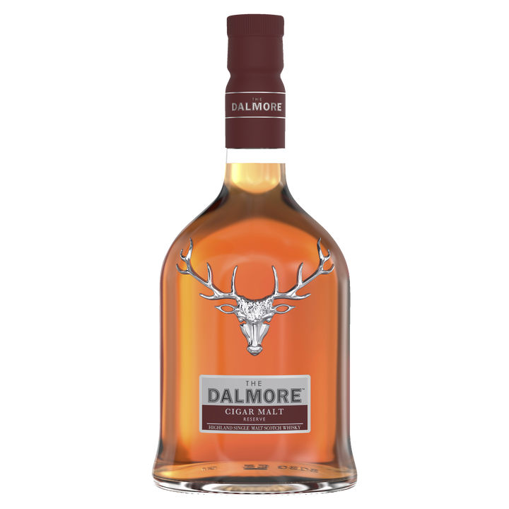 A bottle of The Dalmore Cigar Malt Reserve Single Malt Scotch Whisky with amber liquid, a silver stag emblem, and maroon cap is displayed on a white background—ideal for enjoying with a cigar.