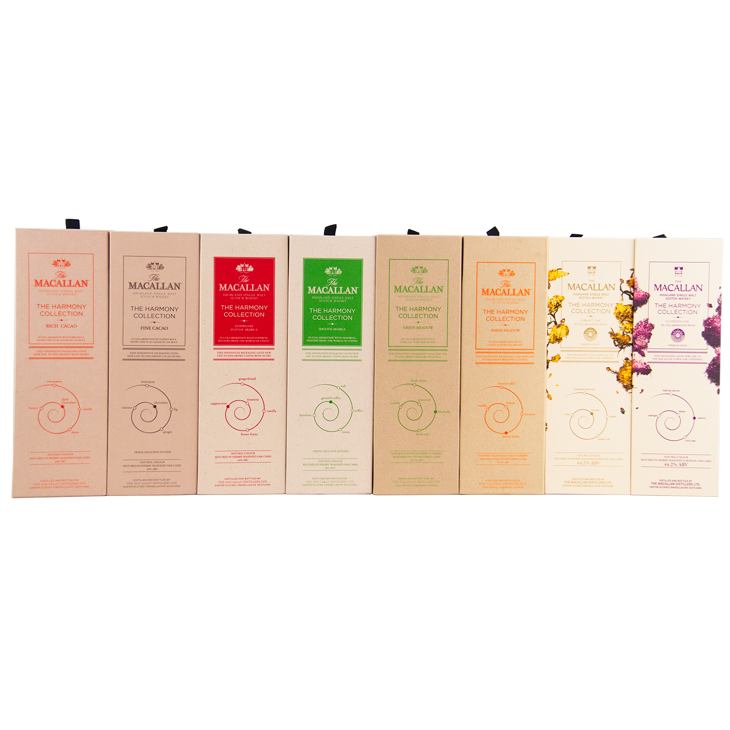 Collection of Macallan whisky boxes in various colors on a white background