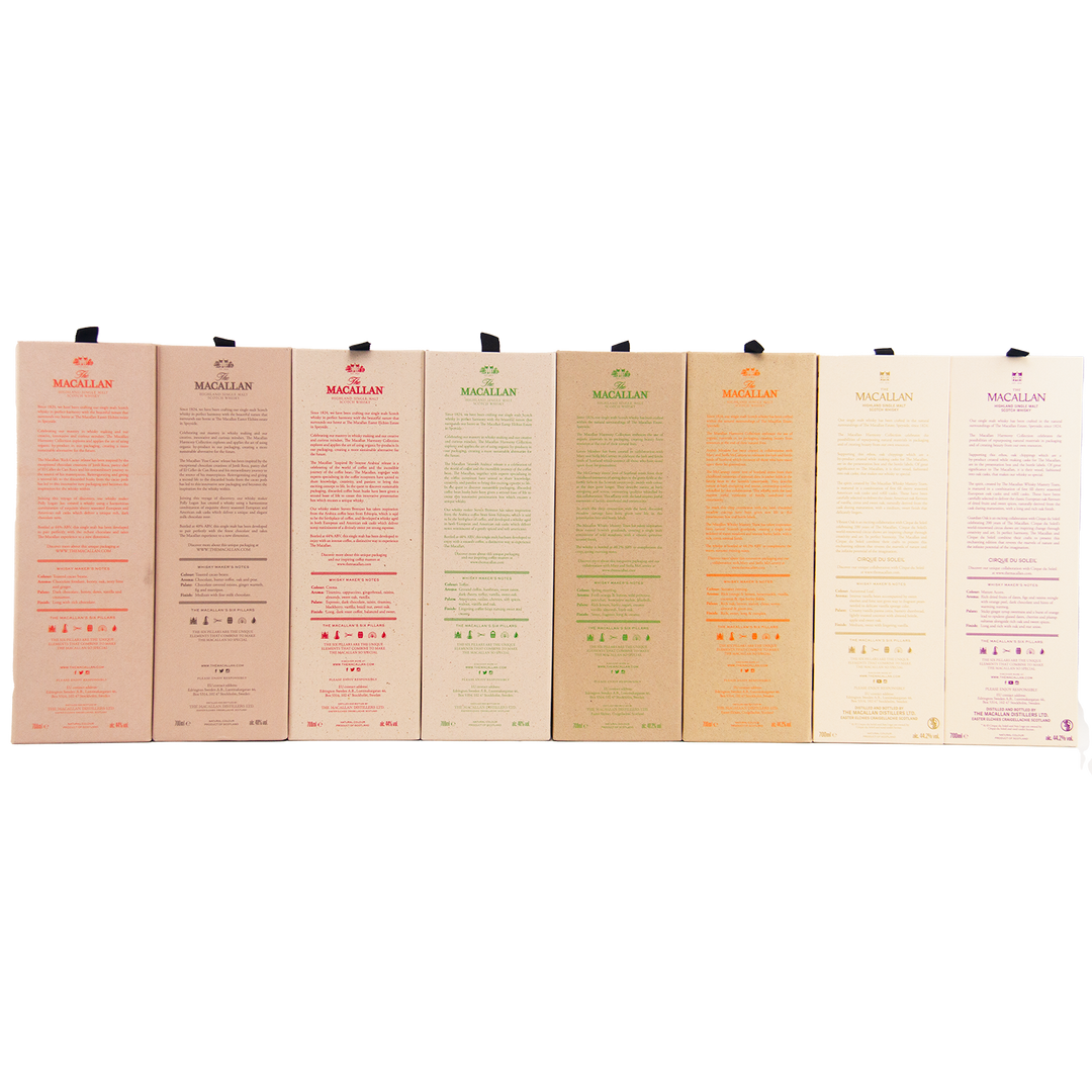 Set of eight Macallan whisky boxes in a row on a white background