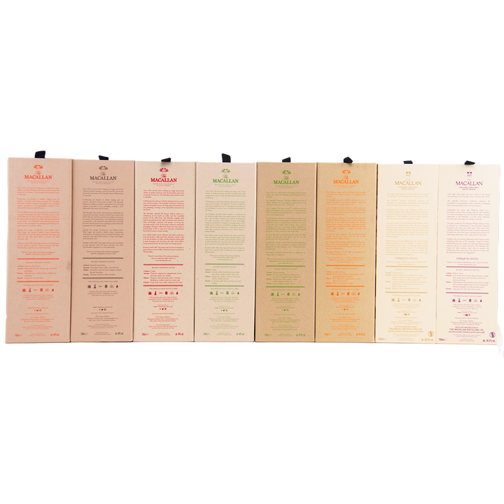Set of eight Macallan whisky boxes in a row on a white background