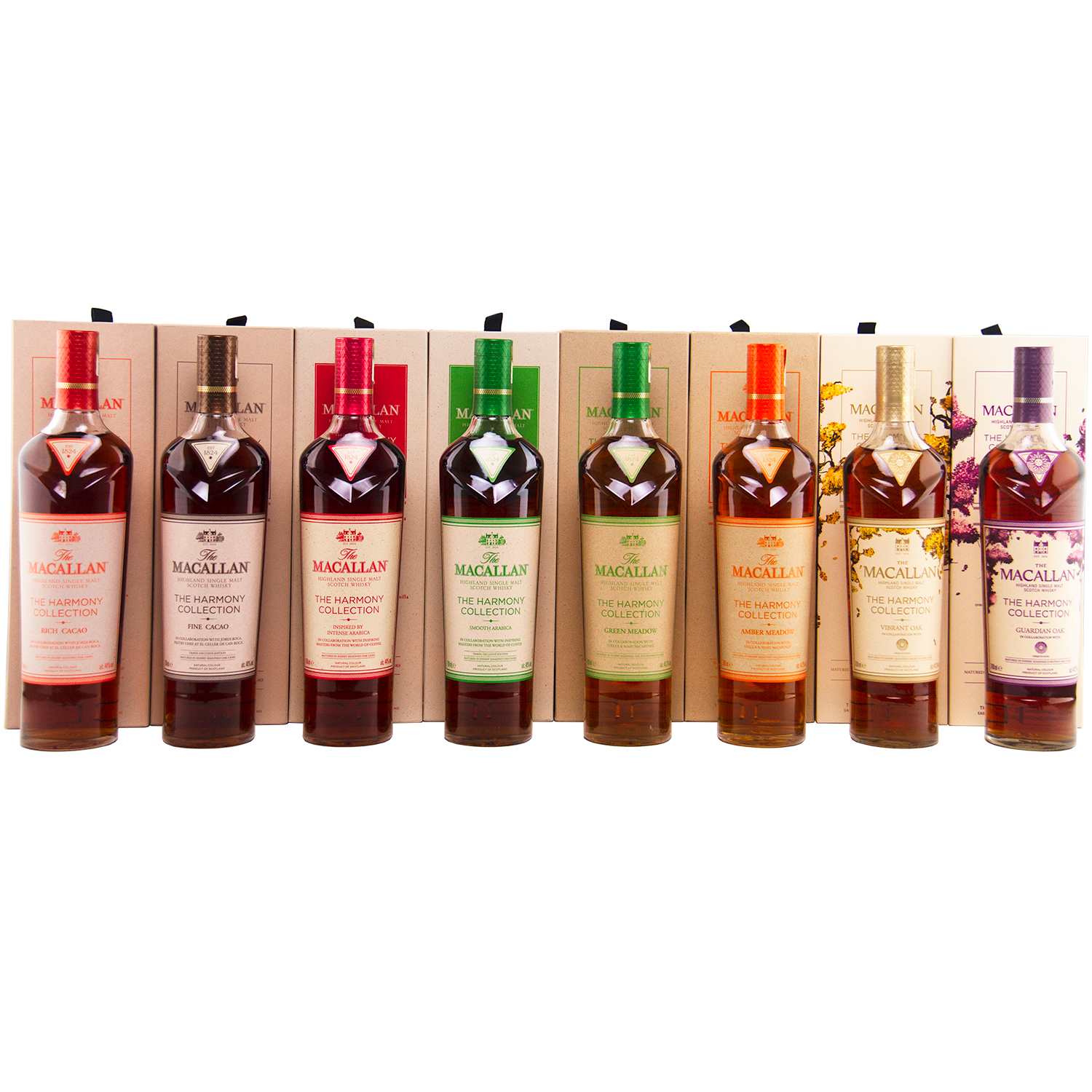 Collection of Macallan bottles displayed against a white background