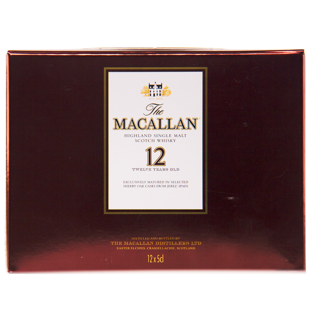 A box of The Macallan 12 Year Old Sherry Oak Cask 12x50ml highlights its signature sherry oak cask maturation, with age prominently displayed on the white and gold label over a dark red background.