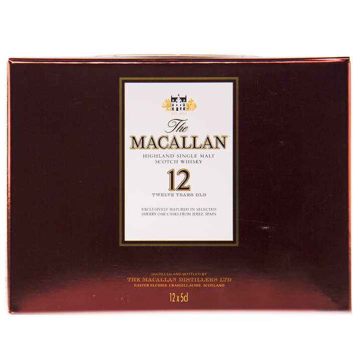 A box of The Macallan 12 Year Old Sherry Oak Cask 12x50ml highlights its signature sherry oak cask maturation, with age prominently displayed on the white and gold label over a dark red background.