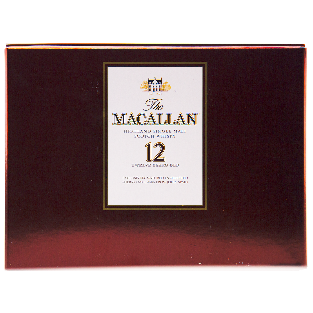 A box of The Macallan 12 Year Old Sherry Oak Cask 12x50ml, pre-2018 edition, with a white label and gold/black text on maroon, showcasing its rich sherry oak character.