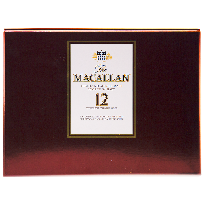 A box of The Macallan 12 Year Old Sherry Oak Cask 12x50ml, pre-2018 edition, with a white label and gold/black text on maroon, showcasing its rich sherry oak character.