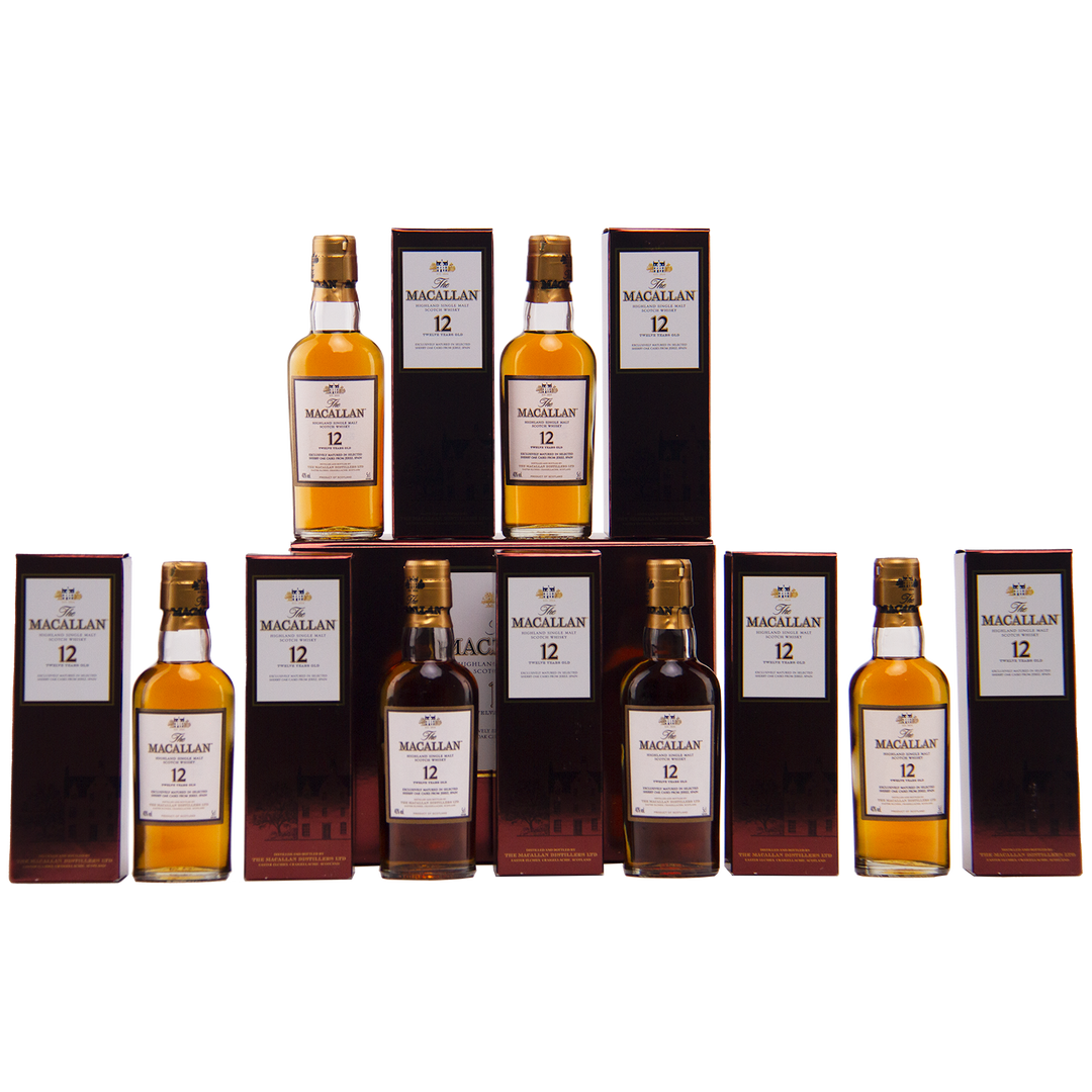 Twelve 50ml bottles of The Macallan 12 Year Old Sherry Oak Cask are arranged in two rows, each paired with its box, against a plain white background.