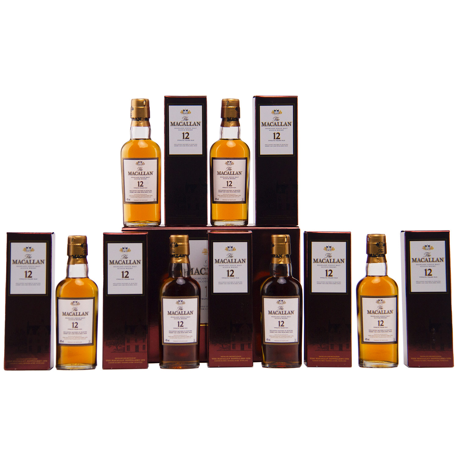 Twelve 50ml bottles of The Macallan 12 Year Old Sherry Oak Cask are arranged in two rows, each paired with its box, against a plain white background.