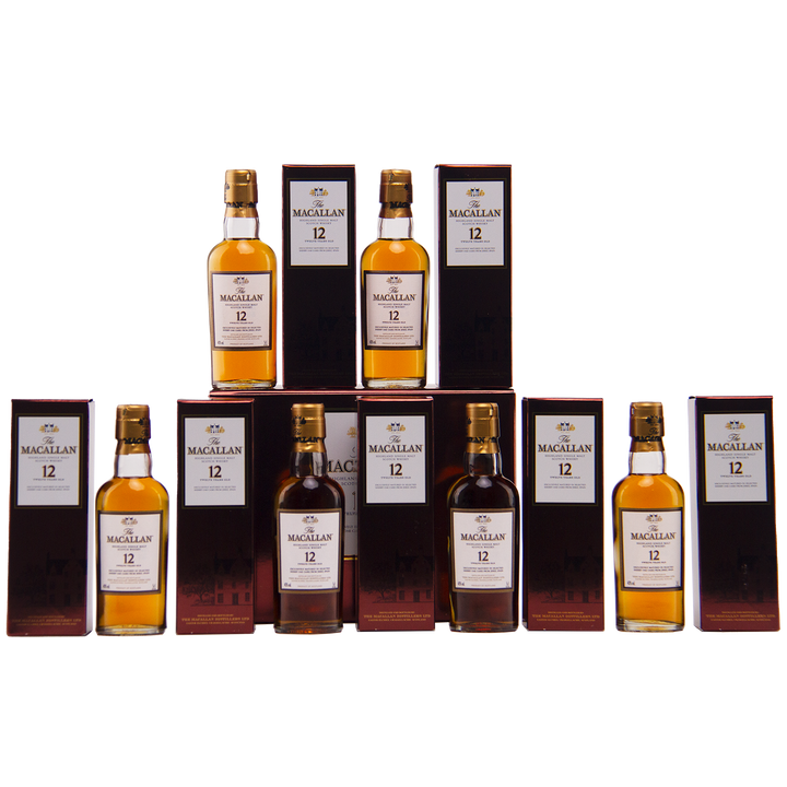 Twelve 50ml bottles of The Macallan 12 Year Old Sherry Oak Cask are arranged in two rows, each paired with its box, against a plain white background.