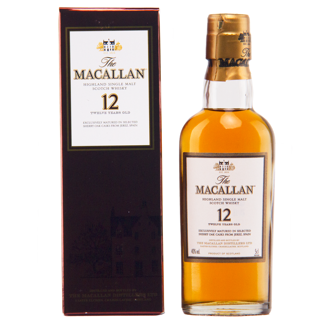 A bottle of The Macallan 12 Year Old Sherry Oak Cask 12X50ml stands beside its box, both featuring the pre-2018 “The Macallan 12” branding.