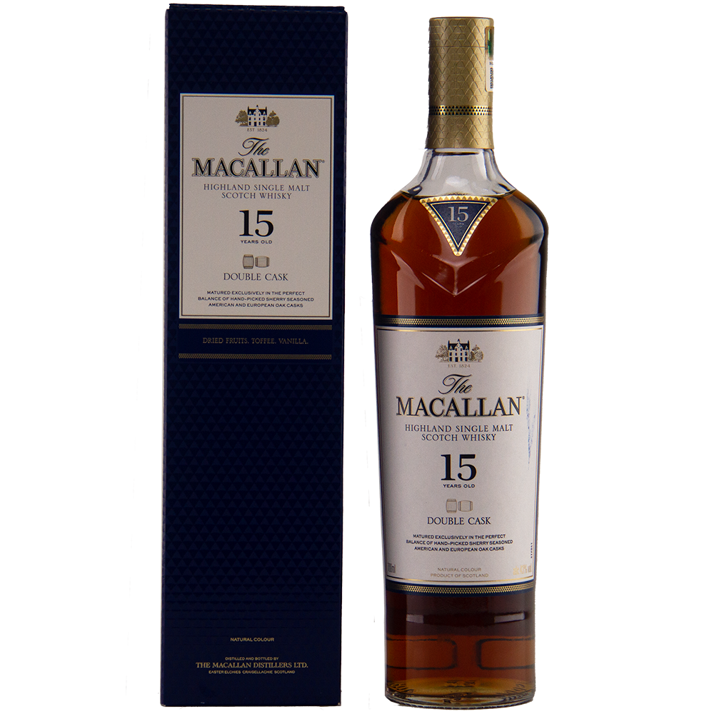 A bottle of The Macallan 15 Year Old Double Cask Single Malt Whisky stands next to its dark blue box, both displaying gold and white labels with the brand name and product details.