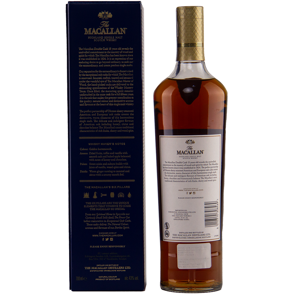 A bottle of The Macallan 15 Year Old Double Cask Single Malt Whisky stands beside its dark blue and gold box, both featuring detailed labels and product information from the renowned Macallan distillery.