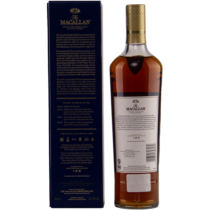 A bottle of The Macallan 15 Year Old Double Cask Single Malt Whisky stands beside its dark blue and gold box, both displaying detailed labels and signature branding.