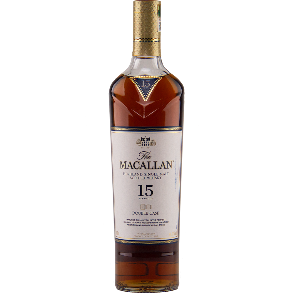 A bottle of The Macallan 15 Year Old Double Cask Single Malt Whisky, featuring a gold foil cap and white label, is displayed against a plain background.