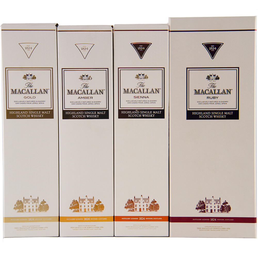 The Macallan 1824 Complete Series (4 Bottles) includes Gold, Amber, Sienna, and Ruby—each sherry wood matured single malt presented in collectible packaging with unique colors and a distillery illustration.