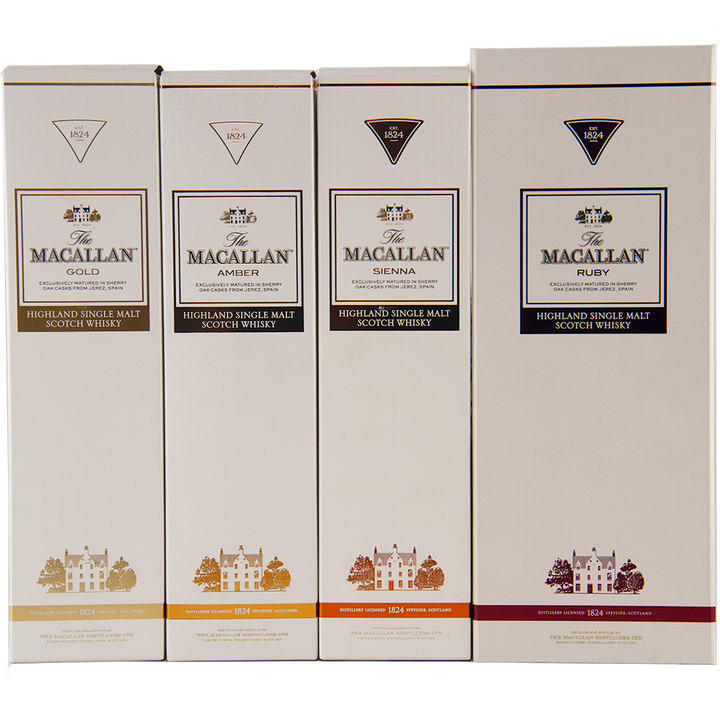 The Macallan 1824 Complete Series (4 Bottles) includes Gold, Amber, Sienna, and Ruby—each sherry wood matured single malt presented in collectible packaging with unique colors and a distillery illustration.