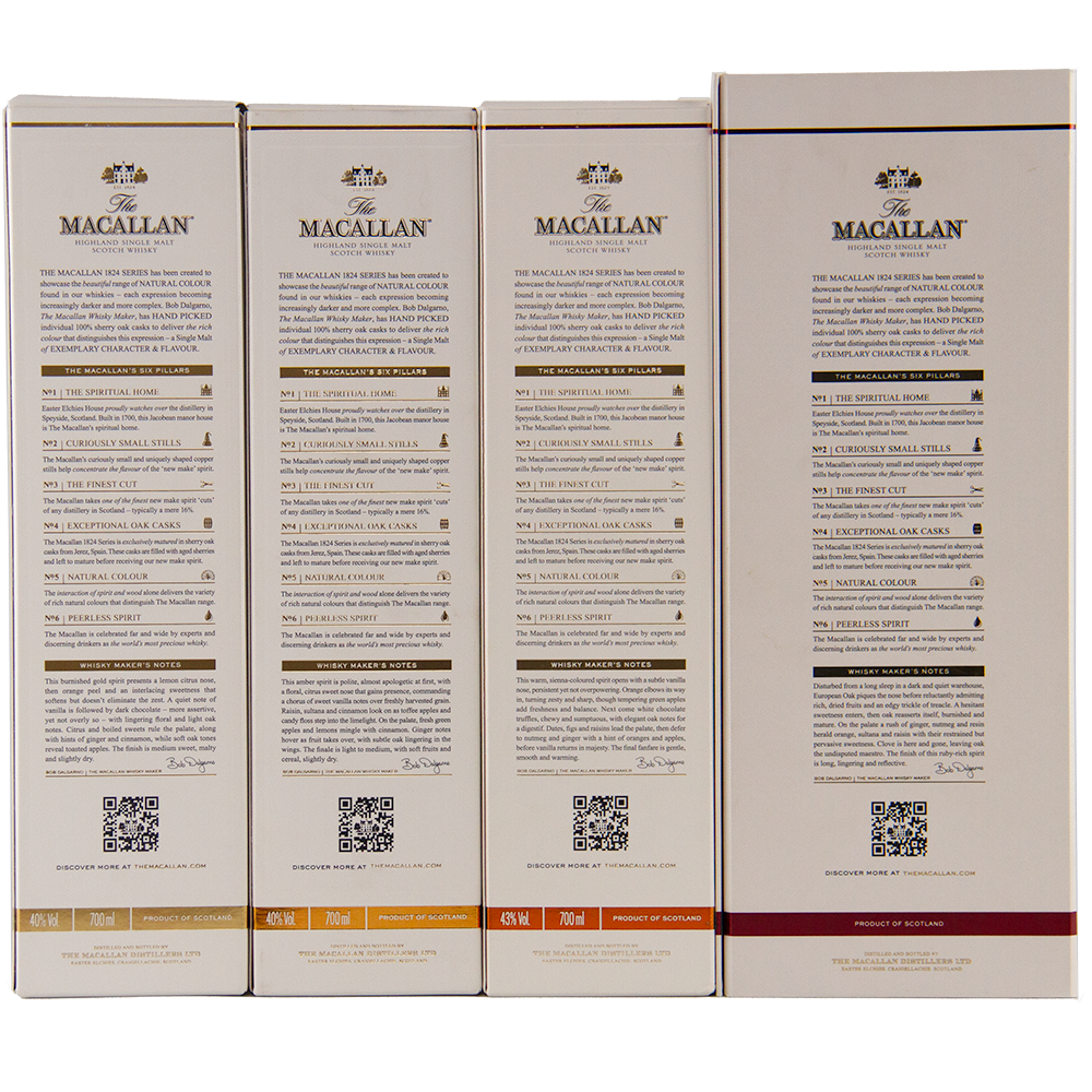 Four boxes of The Macallan 1824 Complete Series (4 Bottles) are side by side, showcasing their backs with detailed text, logos, QR codes, and gold and red accents—part of a collectible whisky set.