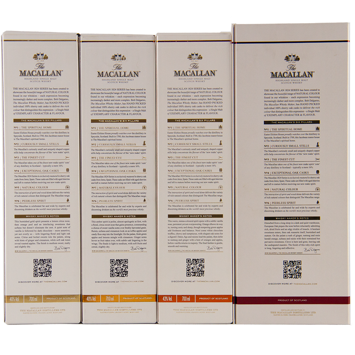 Four boxes of The Macallan 1824 Complete Series (4 Bottles) are side by side, showcasing their backs with detailed text, logos, QR codes, and gold and red accents—part of a collectible whisky set.