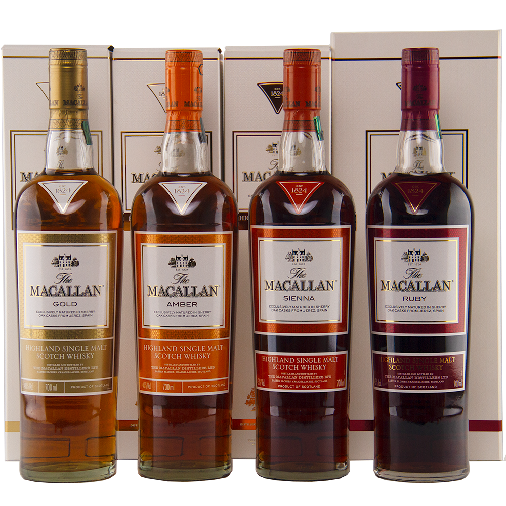 The Macallan 1824 Complete Series (4 Bottles) features Gold, Amber, Sienna, and Ruby single malts in front of their collectible boxes with gold and red accents; each whisky is matured in sherry wood.