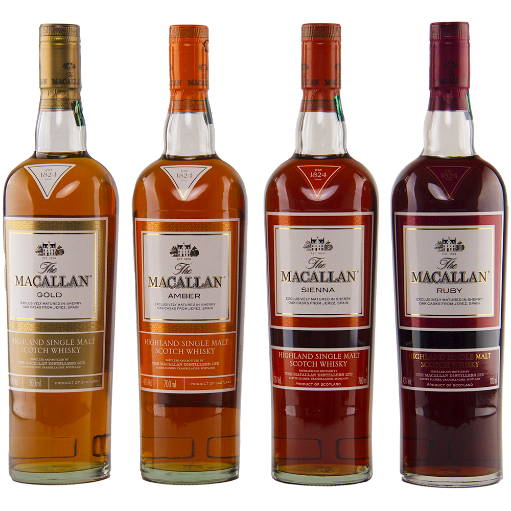 The Macallan 1824 Complete Series (4 Bottles) features Gold, Amber, Sienna, and Ruby whiskies, each with unique label colors and whisky shades in this collectible sherry wood matured set.