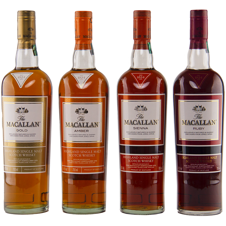 The Macallan 1824 Complete Series (4 Bottles) features Gold, Amber, Sienna, and Ruby whiskies, each with unique label colors and whisky shades in this collectible sherry wood matured set.