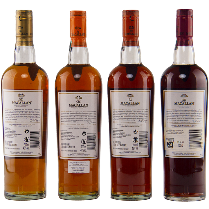 The Macallan 1824 Complete Series (4 Bottles) showcases the rear labels and whisky colors—from light amber to deep reddish-brown—of these collectible sherry wood matured whiskies.