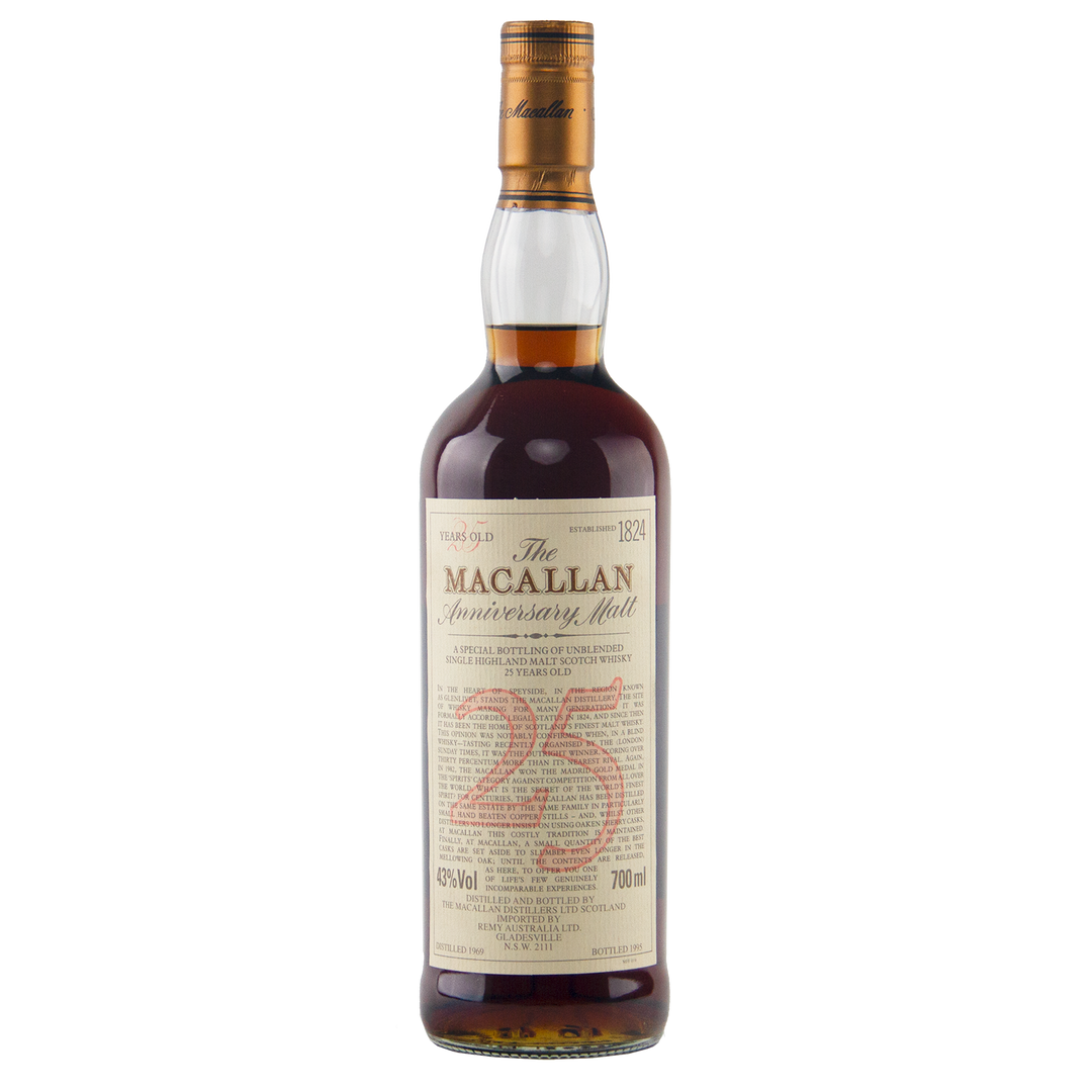 A rare find, The Macallan 1969 25 Year Old Anniversary Edition features a detailed cream label with a bold red 25 and contains dark amber single malt whisky matured in sherry casks.