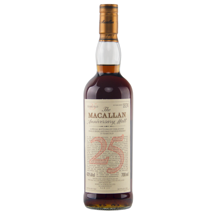 A rare find, The Macallan 1969 25 Year Old Anniversary Edition features a detailed cream label with a bold red 25 and contains dark amber single malt whisky matured in sherry casks.
