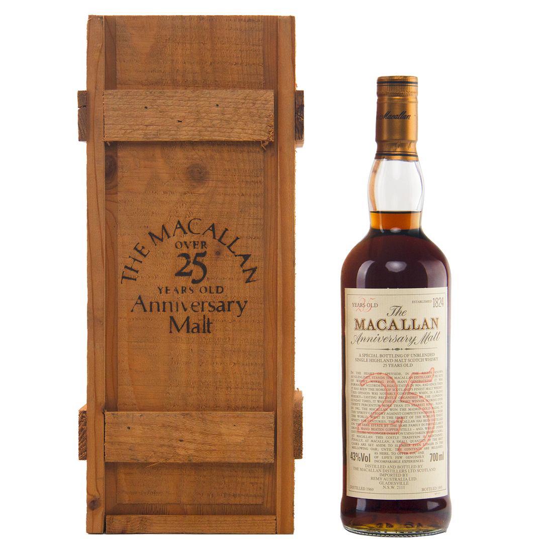 The Macallan 1969 25 Year Old Anniversary Edition stands beside its engraved wooden box, showcasing age details—a true sherry cask treasure.