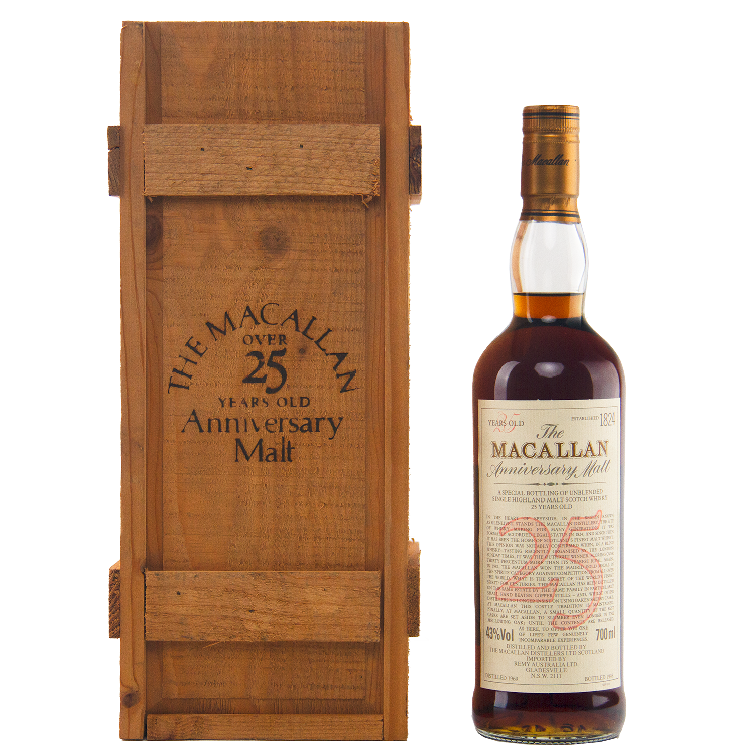 The Macallan 1969 25 Year Old Anniversary Edition stands beside its engraved wooden box, showcasing age details—a true sherry cask treasure.