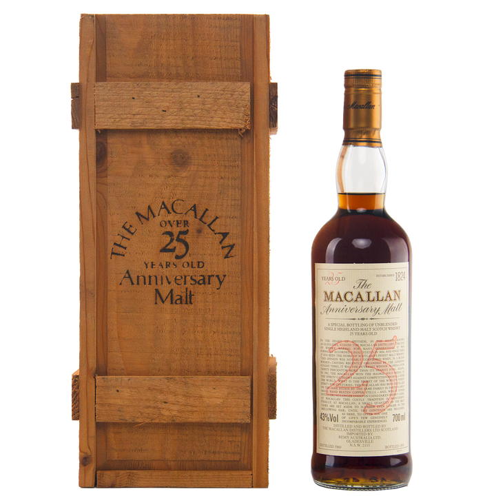 The Macallan 1969 25 Year Old Anniversary Edition stands beside its engraved wooden box, showcasing age details—a true sherry cask treasure.