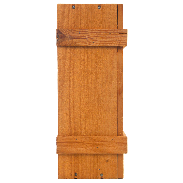 The Macallan 1969 25 Year Old Anniversary Edition: A finely crafted rectangular bat house with two horizontal support slats and visible screws, designed for mounting on a wall or tree.
