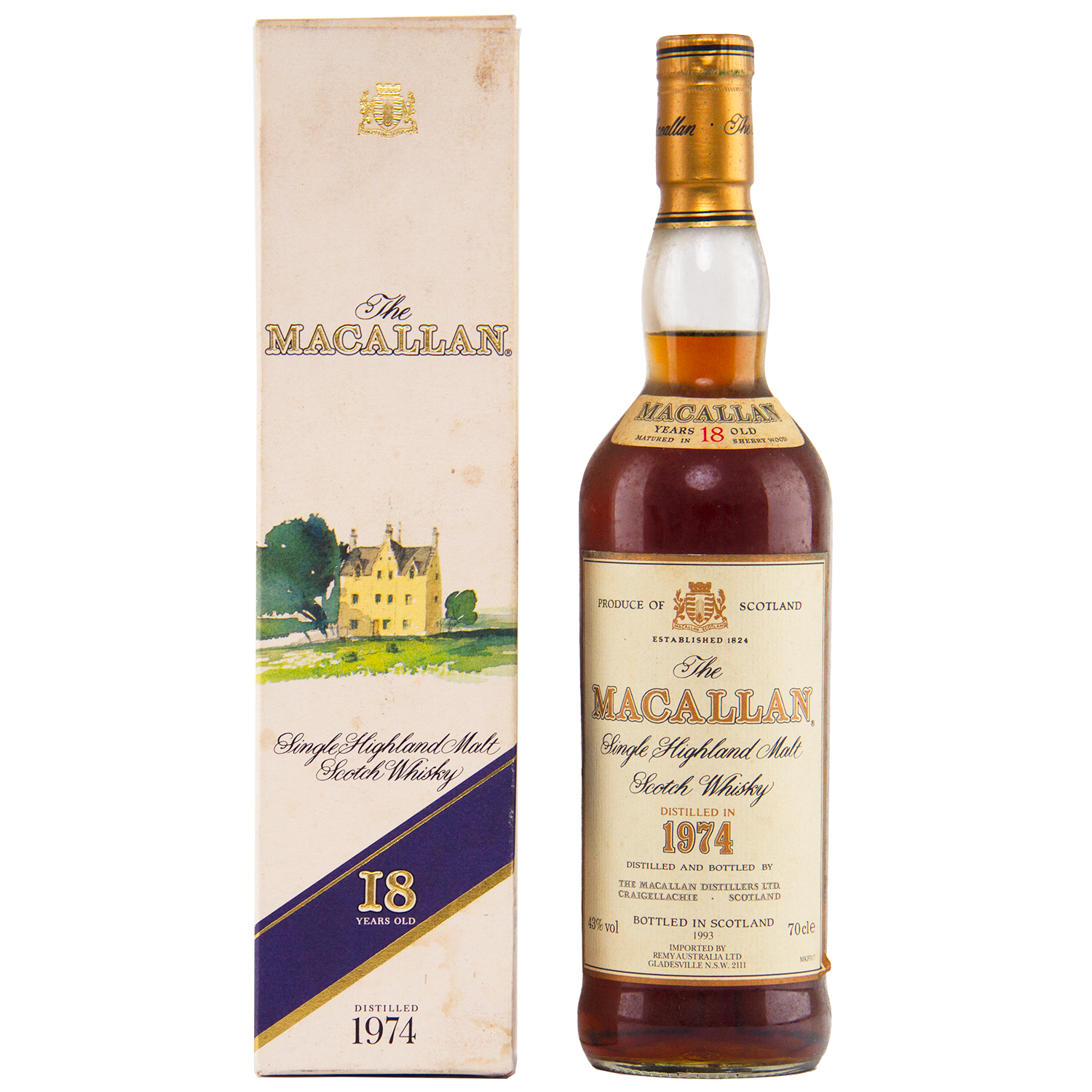 A bottle of The Macallan 1974 18 Year Old Sherry Single Malt Scotch Whisky stands beside its cream box, which displays a yellow house illustration and The Macallan branding.