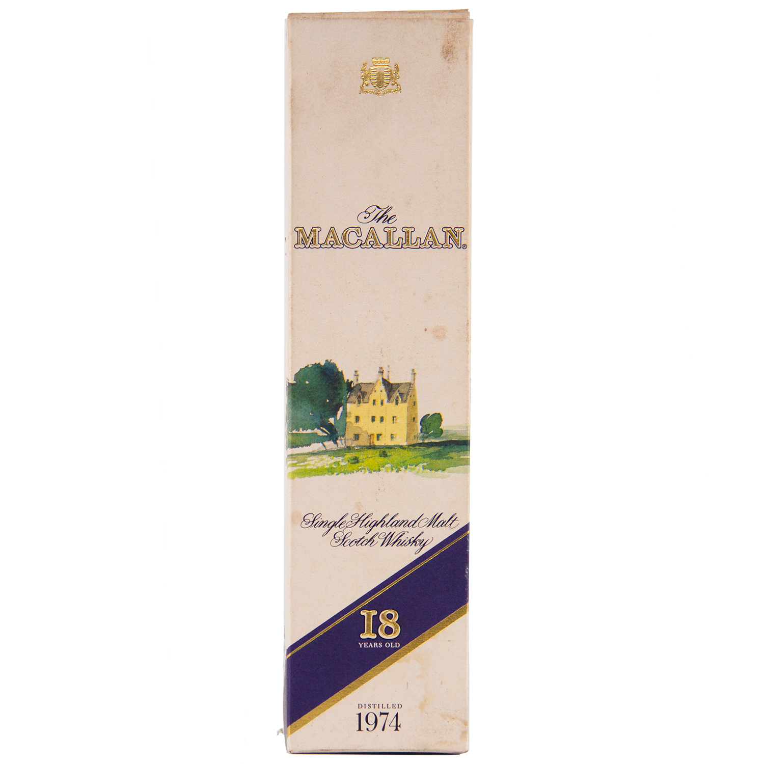 A cream-colored box of The Macallan 1974 18 Year Old Sherry Single Malt Scotch Whisky, with a gold crest, house and tree illustration, labeled "18 Years Old" and "Distilled 1974"—a highly collectible sherry oak-matured Scotch.