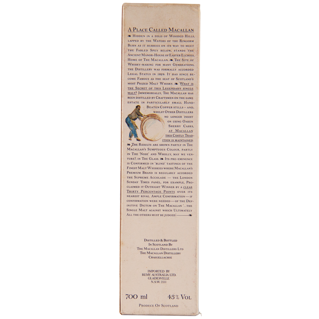 Side view of The Macallan 1974 18 Year Old Sherry Single Malt Scotch Whisky box, featuring heritage text, an illustration of a man rolling a whisky barrel, and 700 ml / 43% volume listed at the bottom.